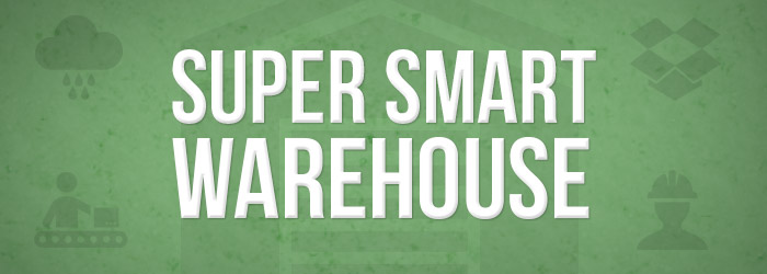 Super smart warehouse written in white text on a green background with logo's
