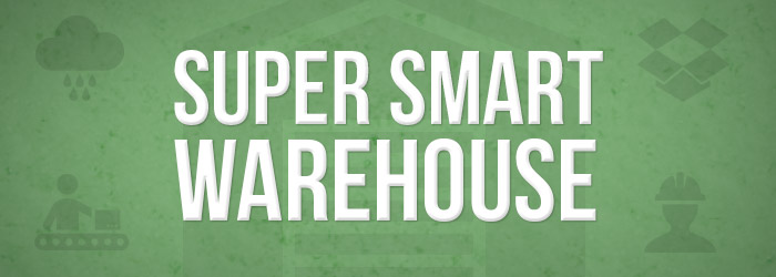 Super smart warehouse written in white text on a green background with logo's